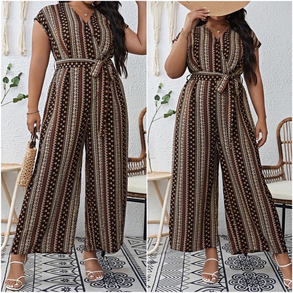 Boho Floral Print Surplice Belted Wide Leg Jumpsuit - Picture 3 of 3